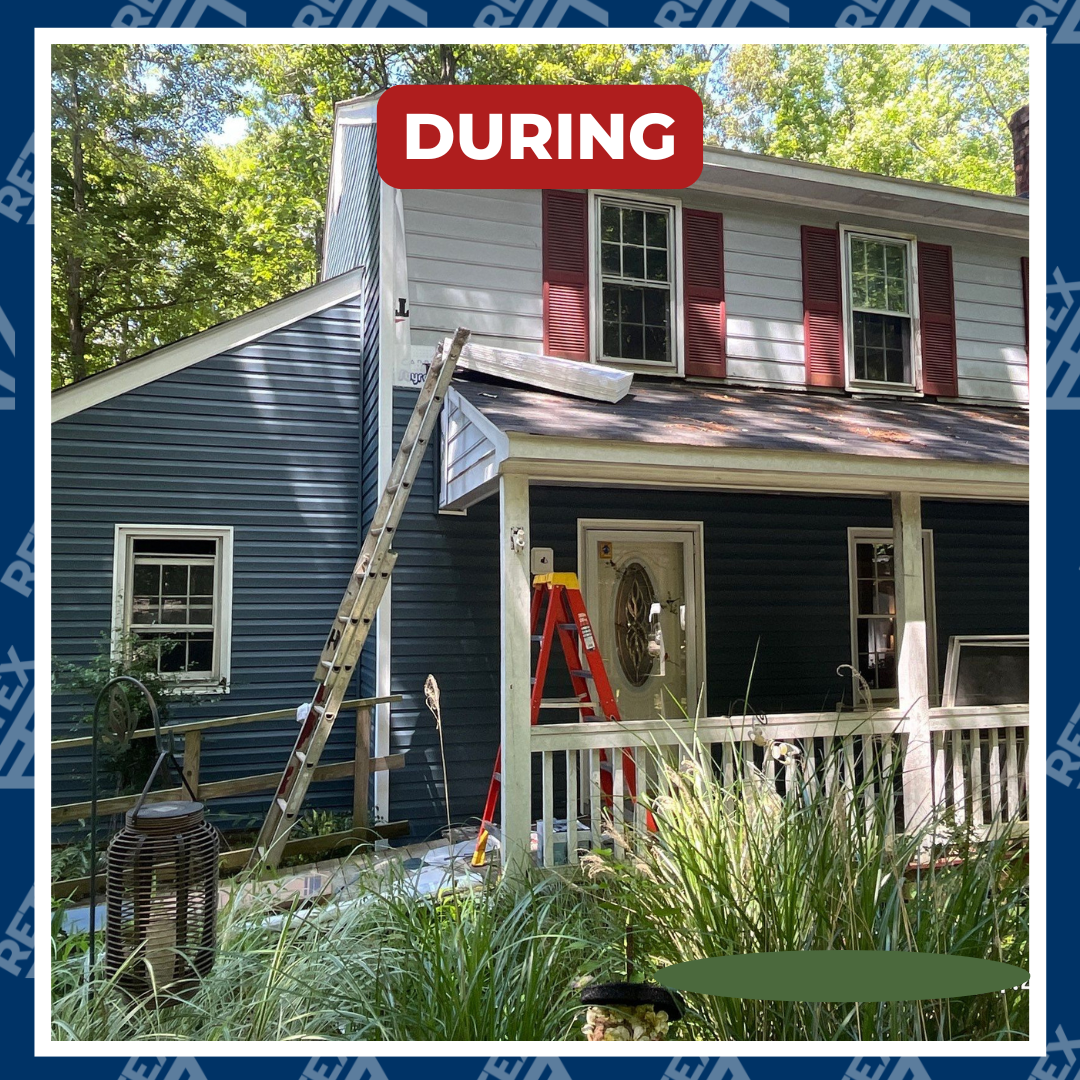 A graphic showcasing the during-installation photo of a RETEX vinyl siding replacement in North Chesterfield VA.