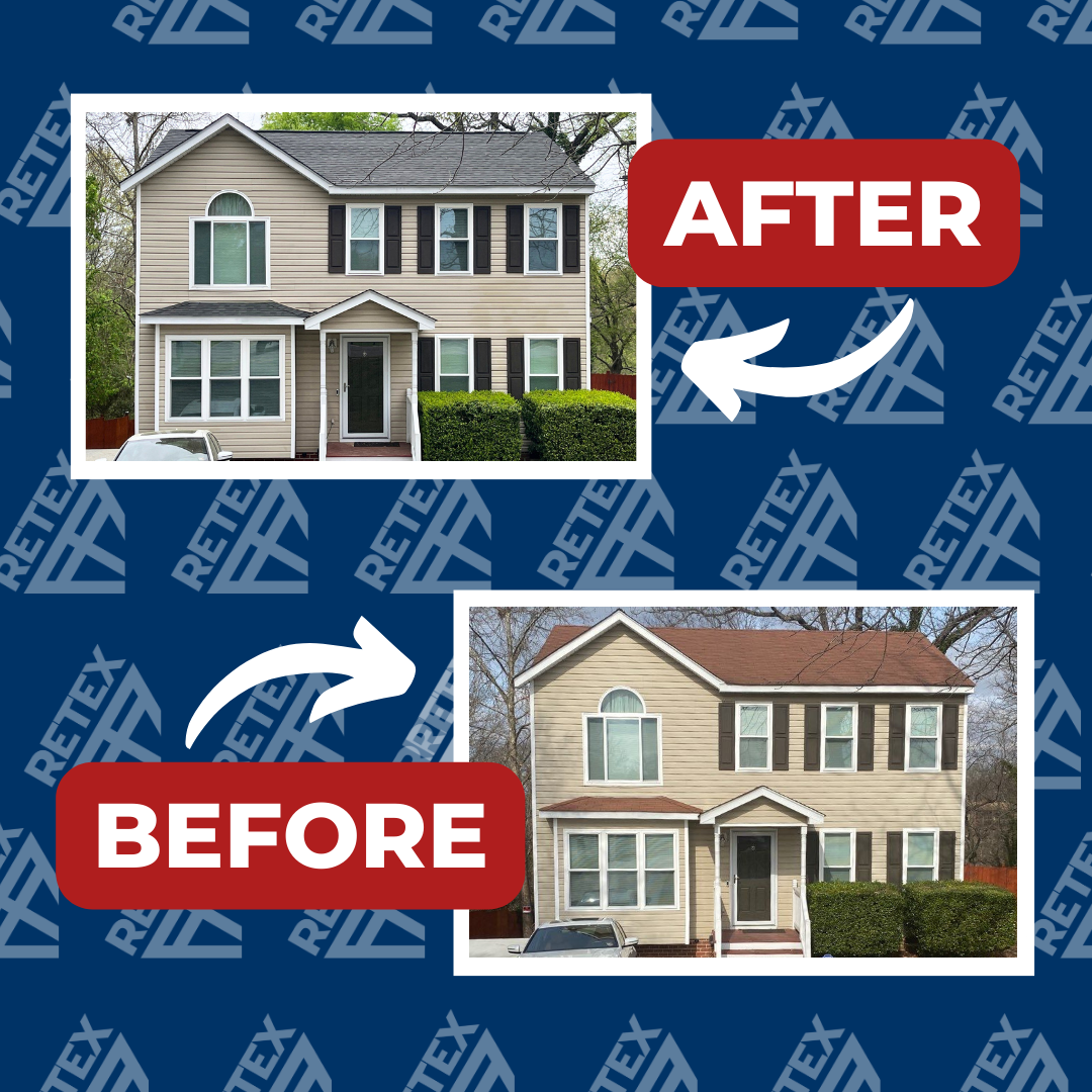 A graphic showing before-and-after photos of a RETEX roof replacement in North Chesterfield, VA 23234.