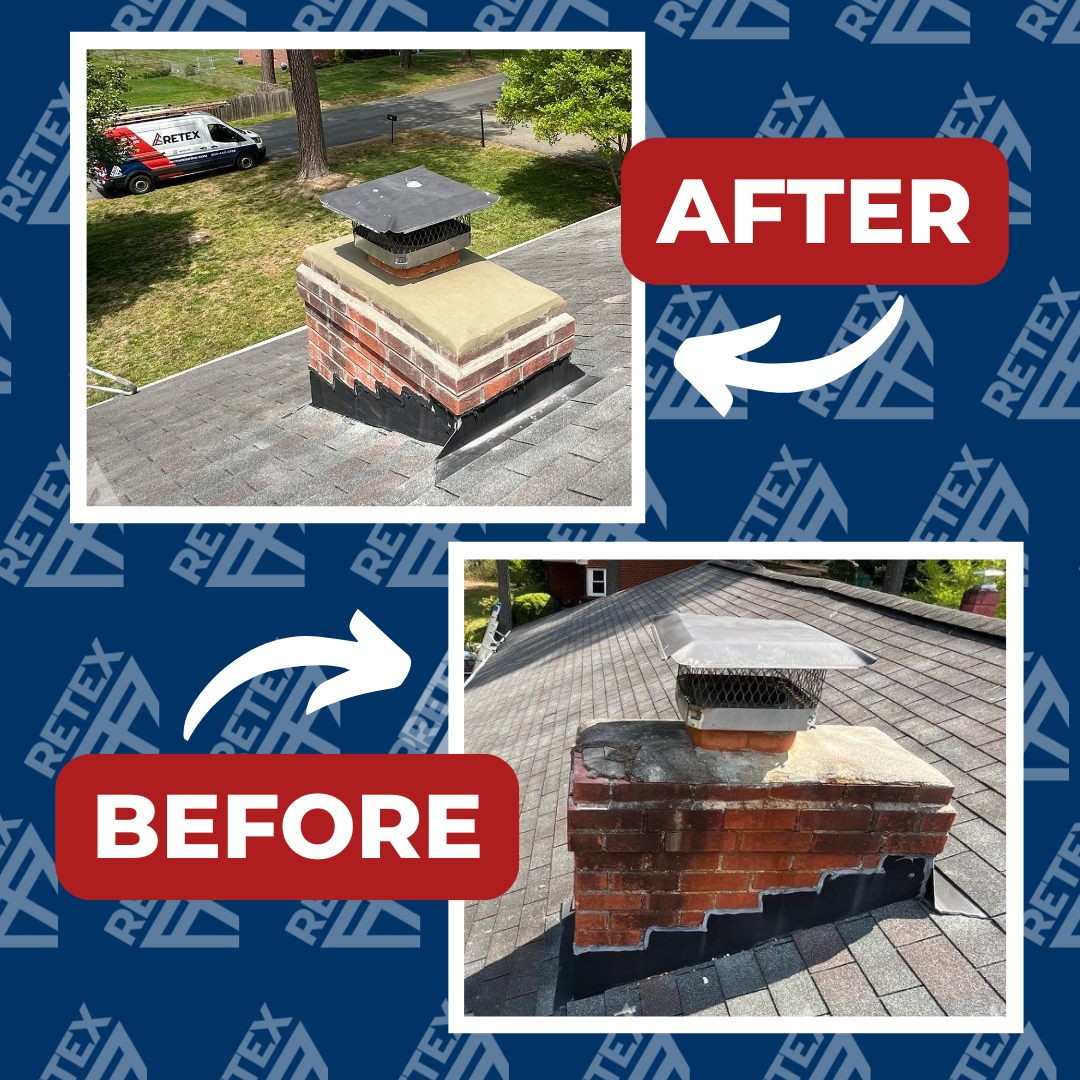 A graphic showing before-and-after photos of a RETEX chimney repointing in Richmond VA 23225.