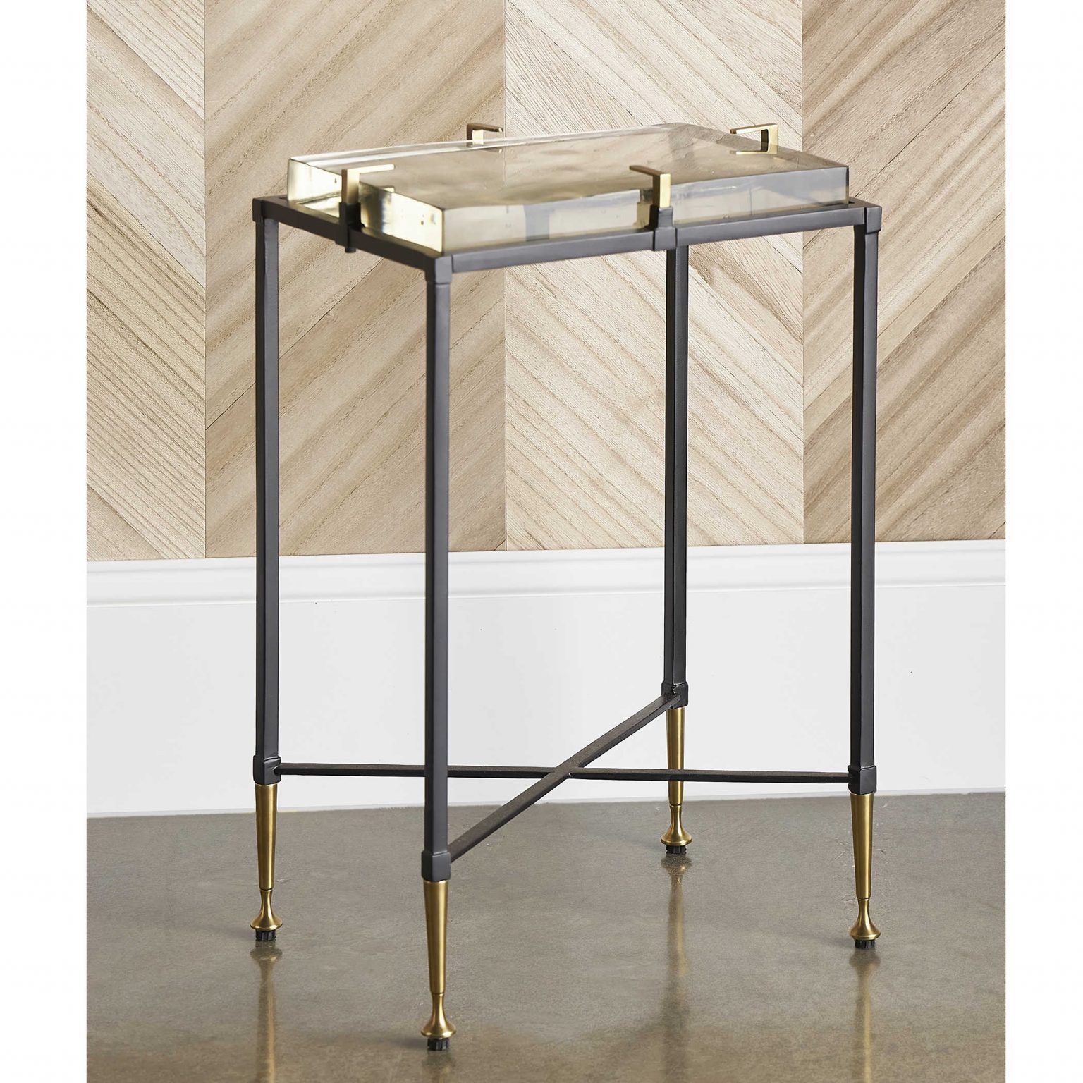 Retro-inspired accent table with brass and lucite details
