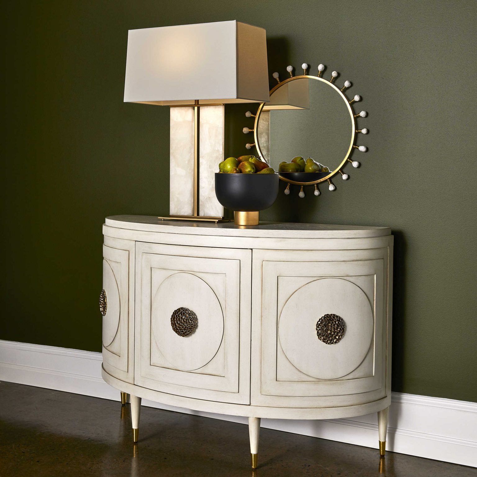 Vintage console table with geometric shapes fits in perfectly with the granny chic interior decor trend