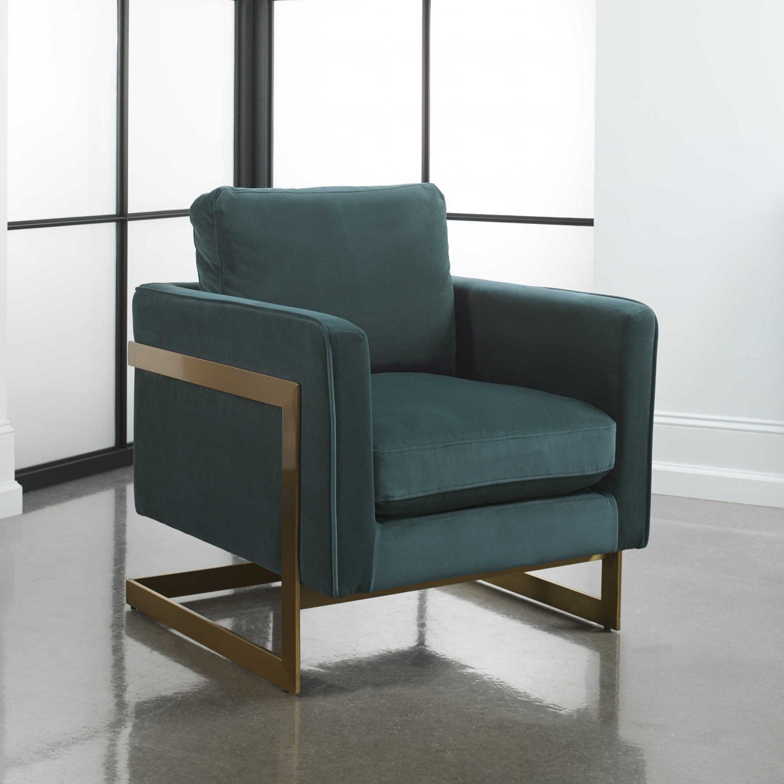 Teal, art deco revival chair with square lines - perfect for 2021 interior design and color trends