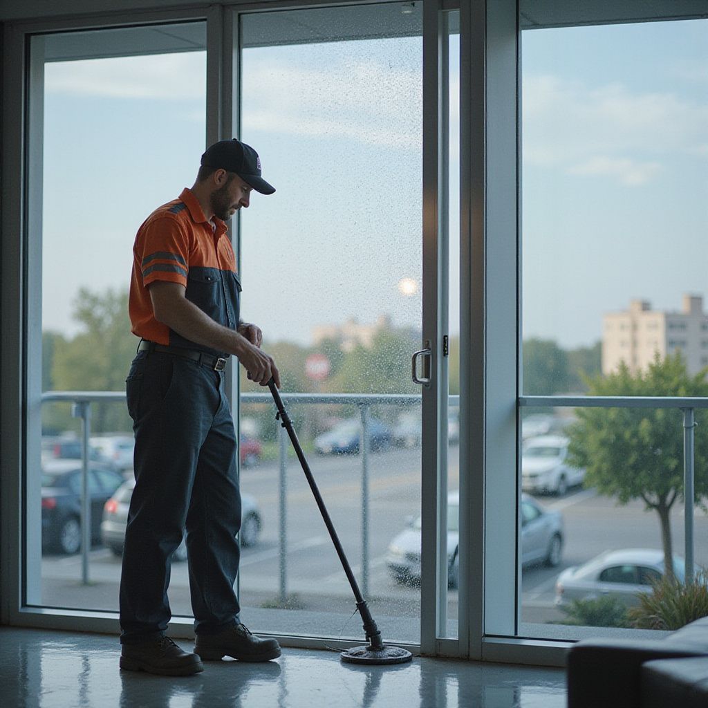 Man in work clothes cleaning a glass door with a mop; outdoors in the background.