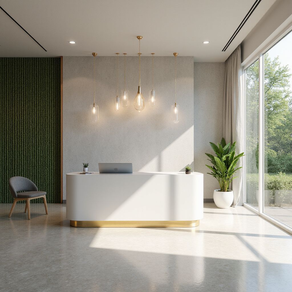 Modern office reception area with white curved desk, green wall, pendant lights, and large windows overlooking trees.