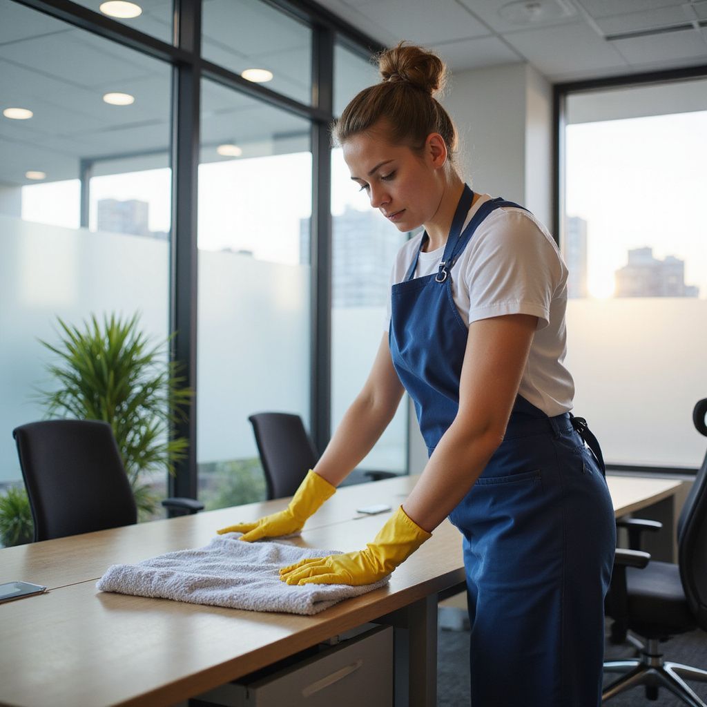 Woman in apron and gloves wiping a table in an office setting.