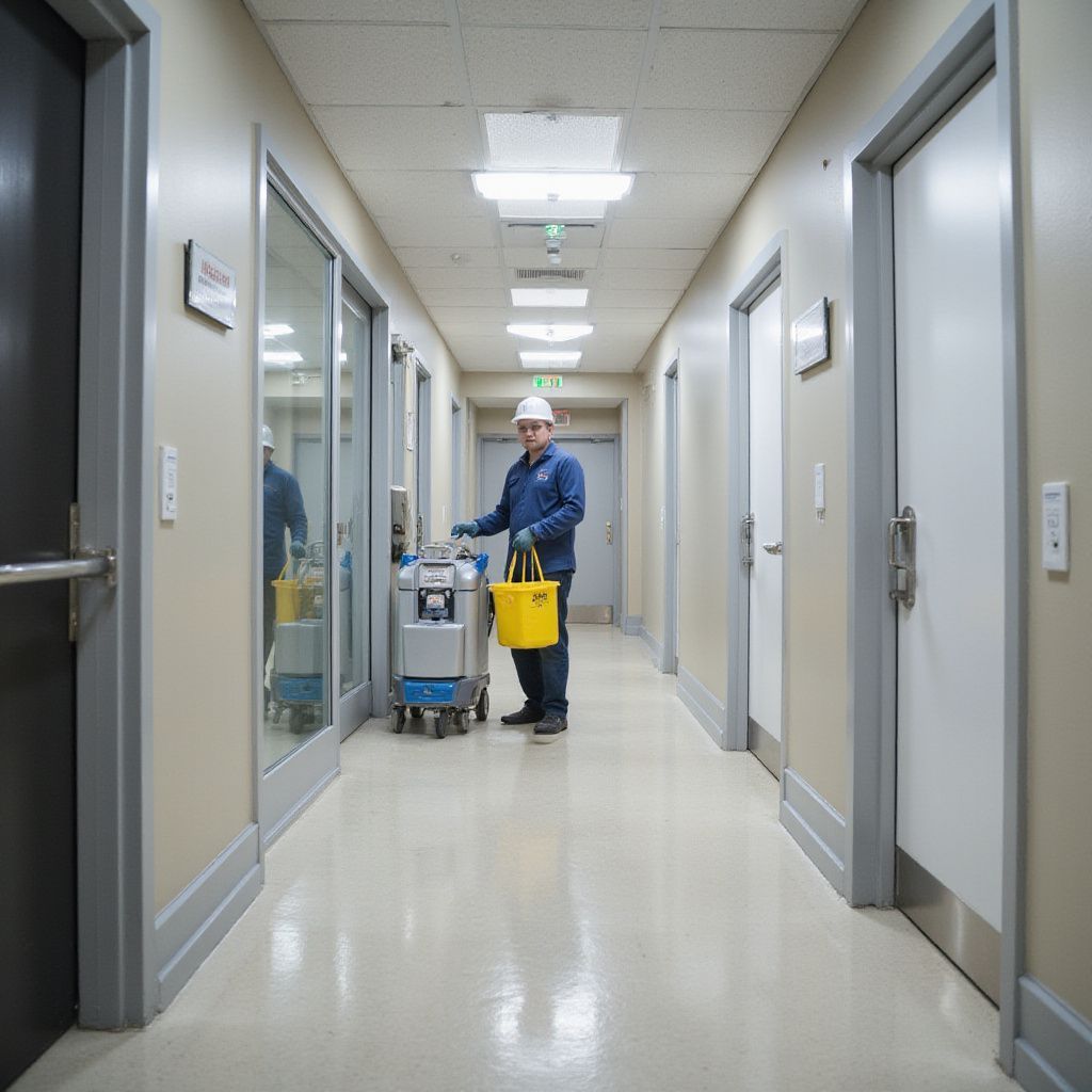 Man in uniform with cleaning supplies in a hospital corridor.