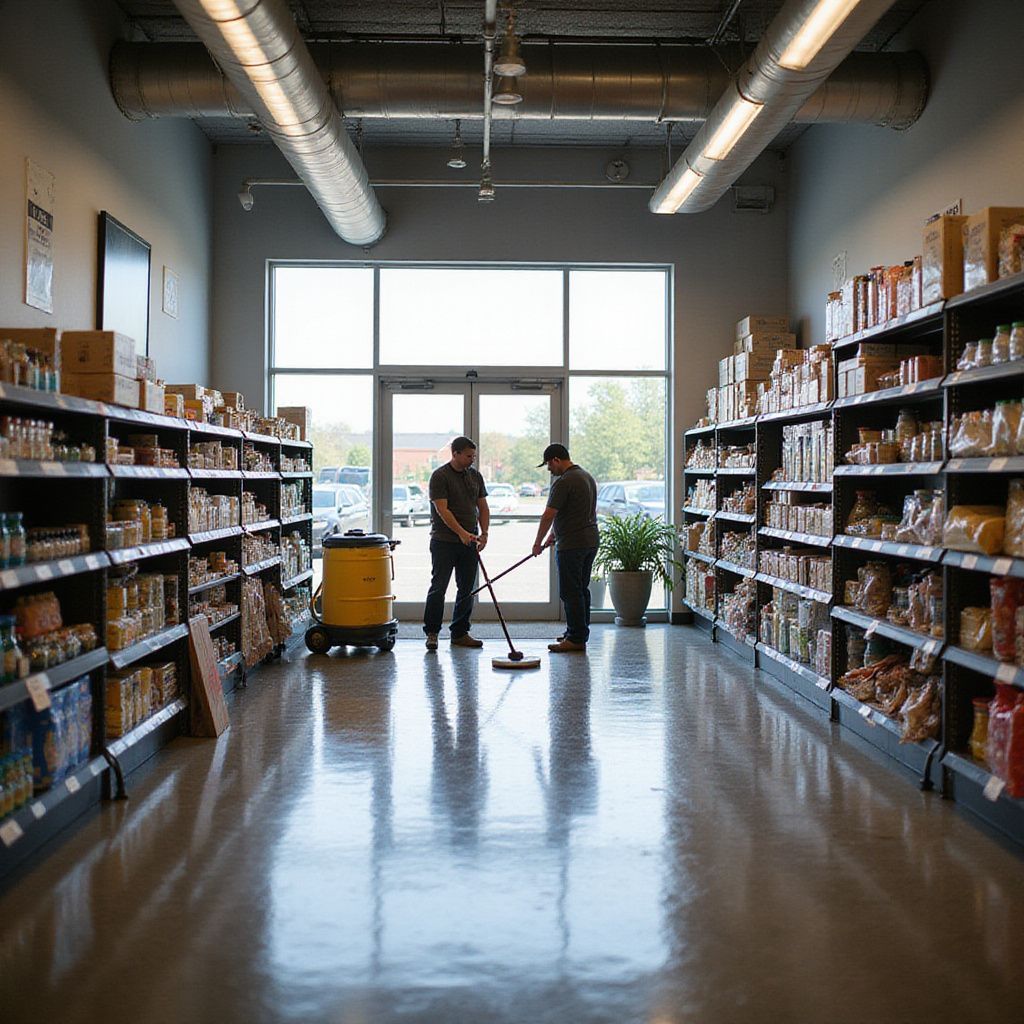 Two people sweeping a store aisle, shelves stocked with goods, lit by ceiling lights and a front window.