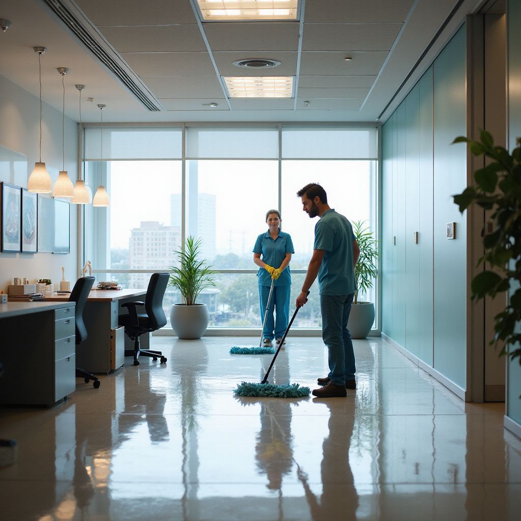 Two people cleaning an office floor with mops. Bright, modern office with large windows.