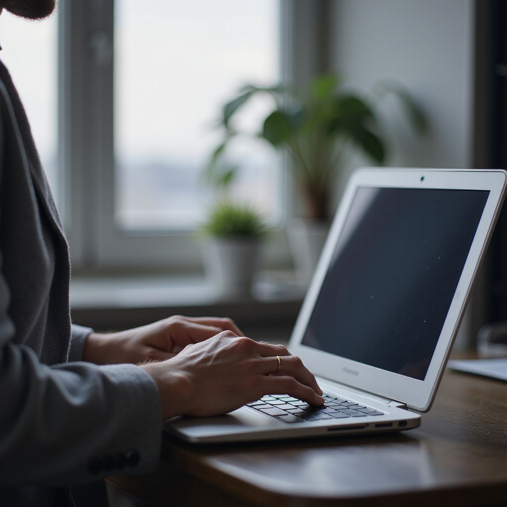 Person typing on a laptop at a desk near a window and a potted plant.