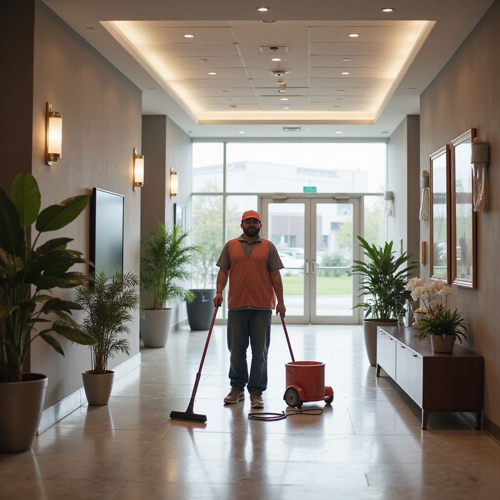 A person mopping a long hallway with plants and large windows.
