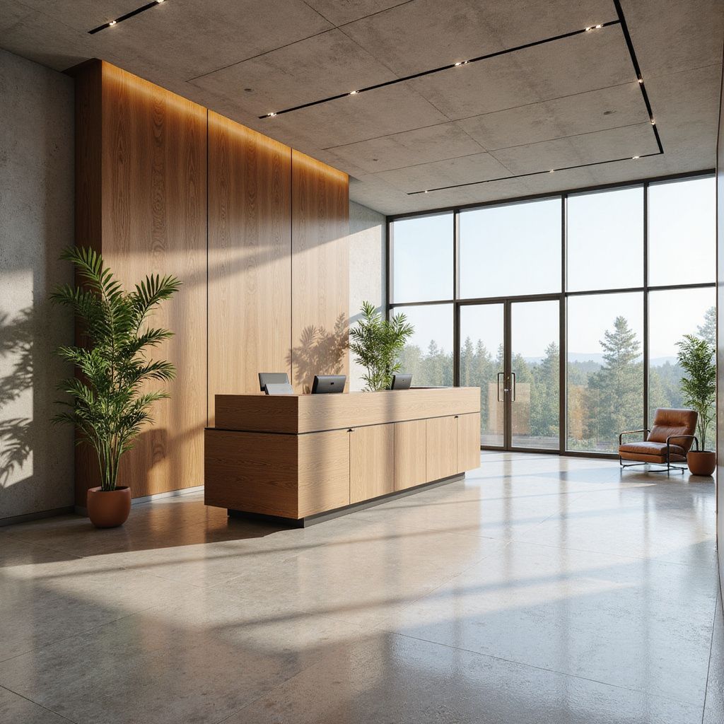 Modern reception area with wooden paneling, large windows, and a reception desk. Sunlight streams in.