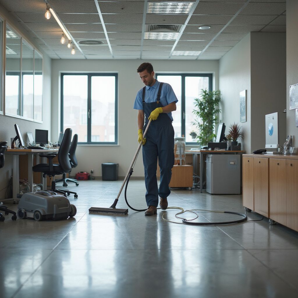 Janitor vacuuming an office floor, wearing blue overalls and gloves.