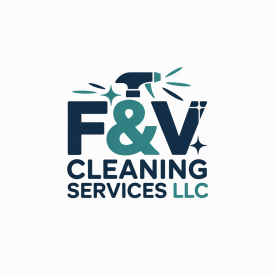 Logo: "F&V Cleaning Services LLC" with spray bottle, sparkle effects, dark blue and teal colors.
