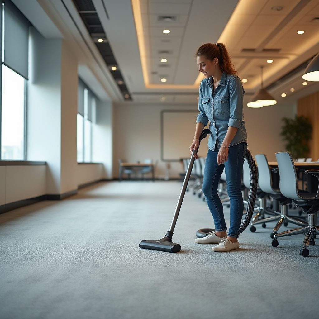Woman vacuums a carpeted office floor. She wears jeans and a denim shirt.