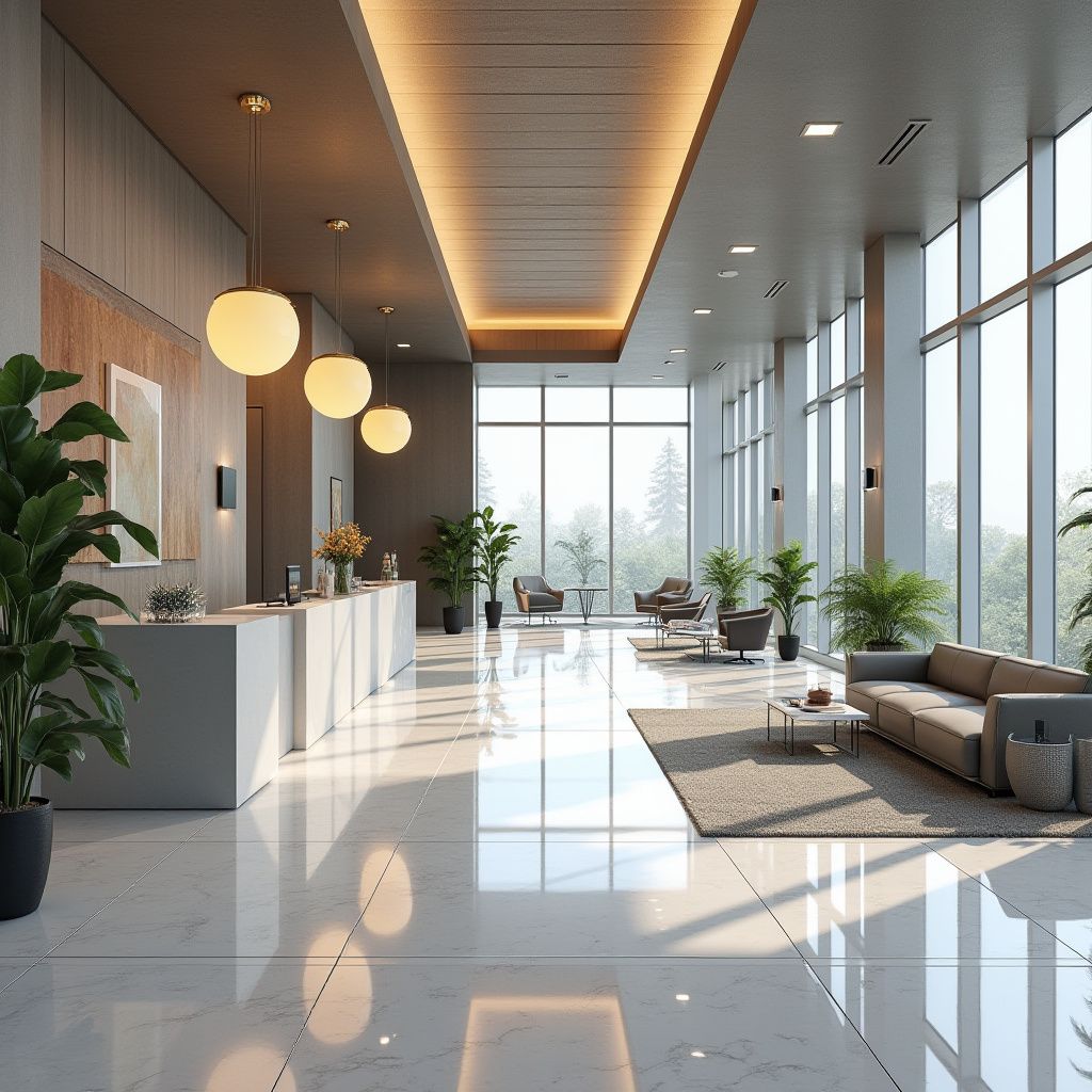 Modern lobby with a reception desk, seating area, large windows, and plants.