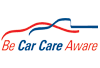 The logo for be car care aware is red , white and blue.
