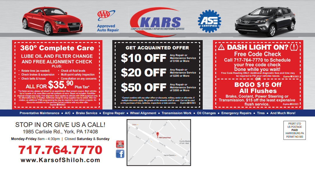 A flyer for a car dealership that says $ 10 off $ 20 off $ 50 off