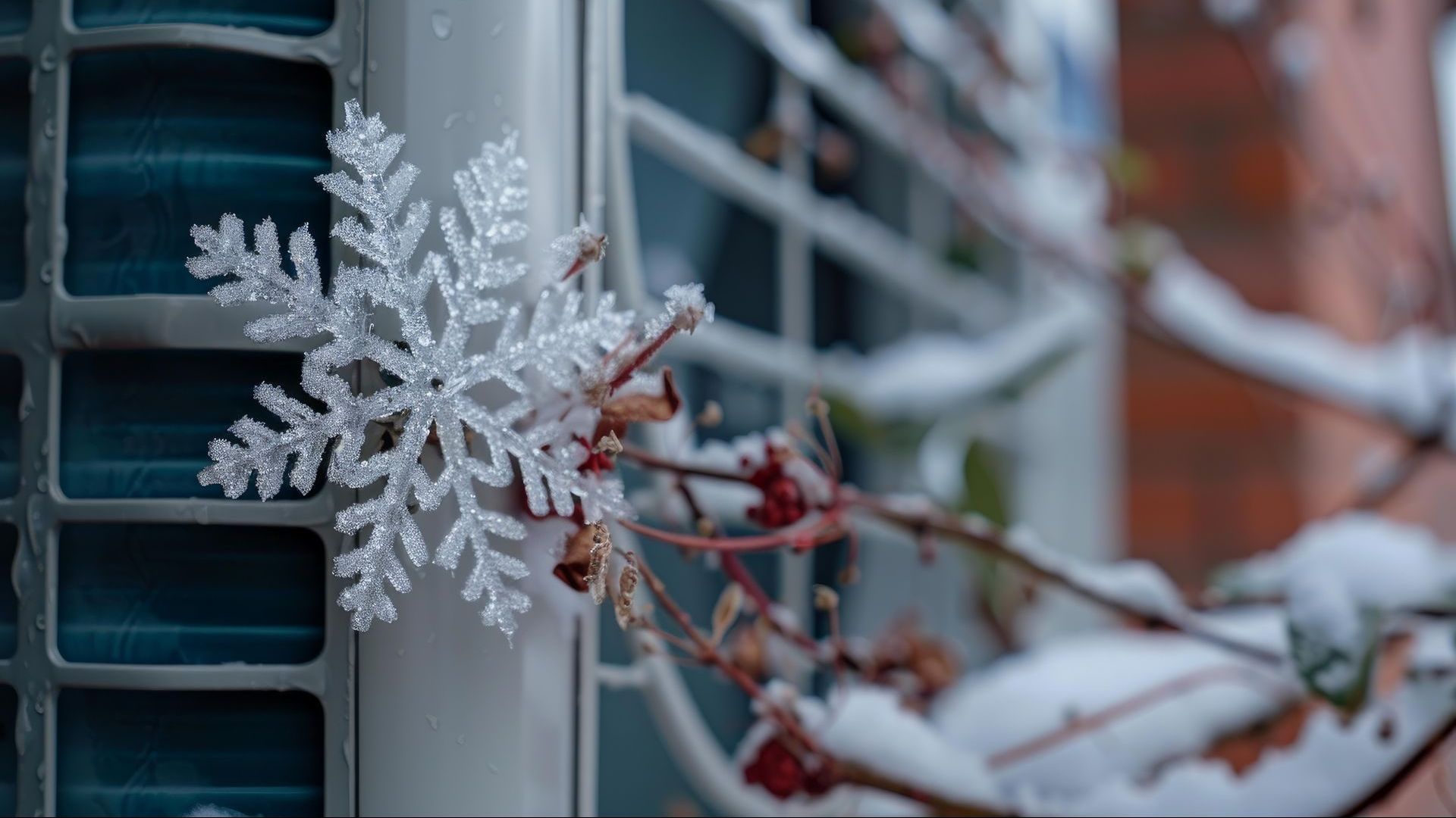 A snowflake is hanging from the side of an HVAC unit.