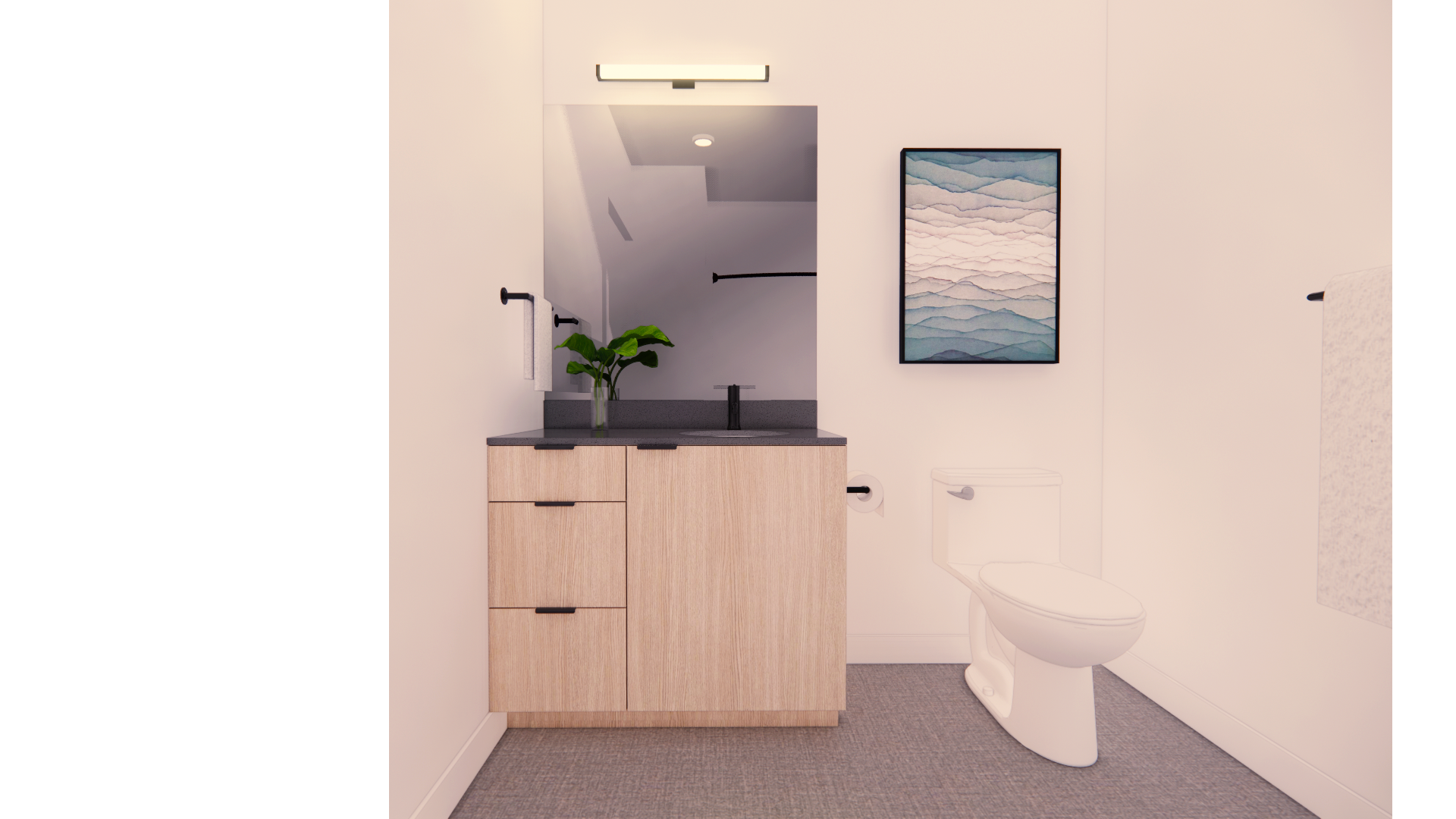 Bathroom with light wood vanity, black countertop, large mirror, art, and toilet.