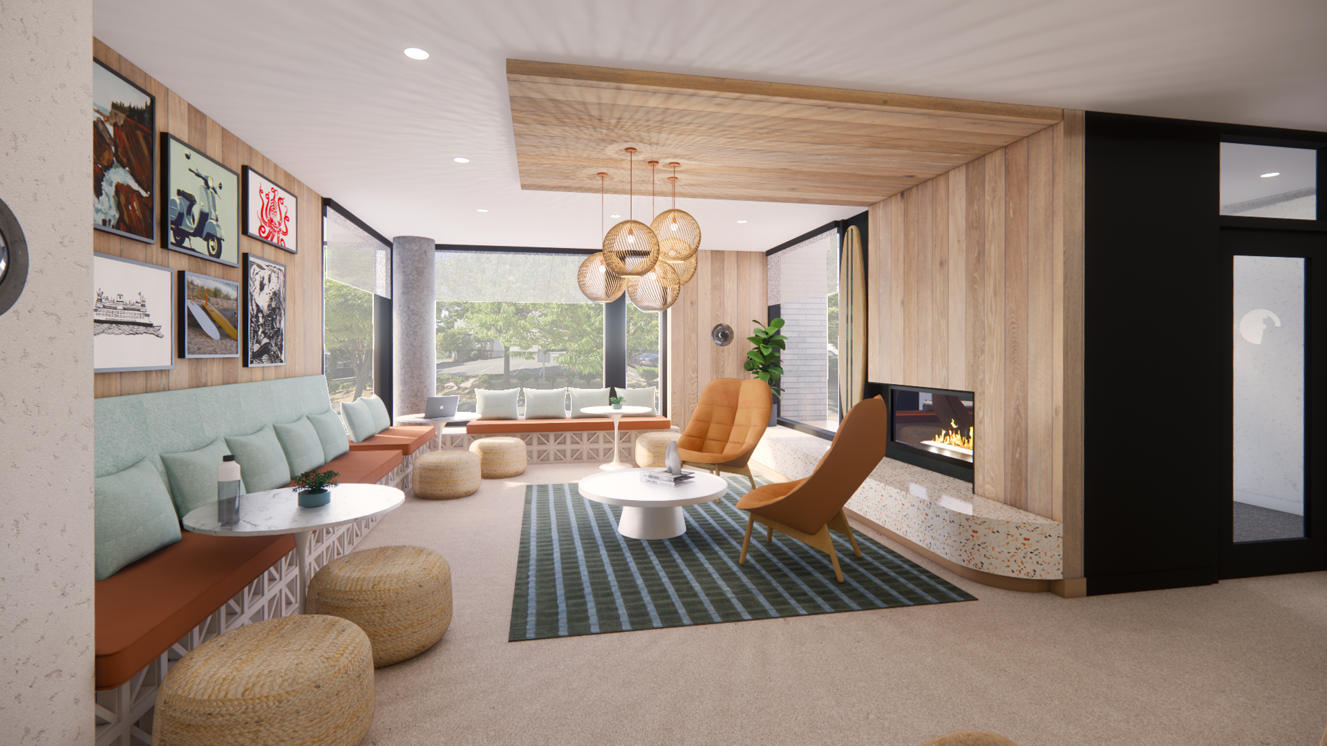 Cozy lounge with wood paneling, fireplace, seating areas, artwork, and large windows with outdoor views.