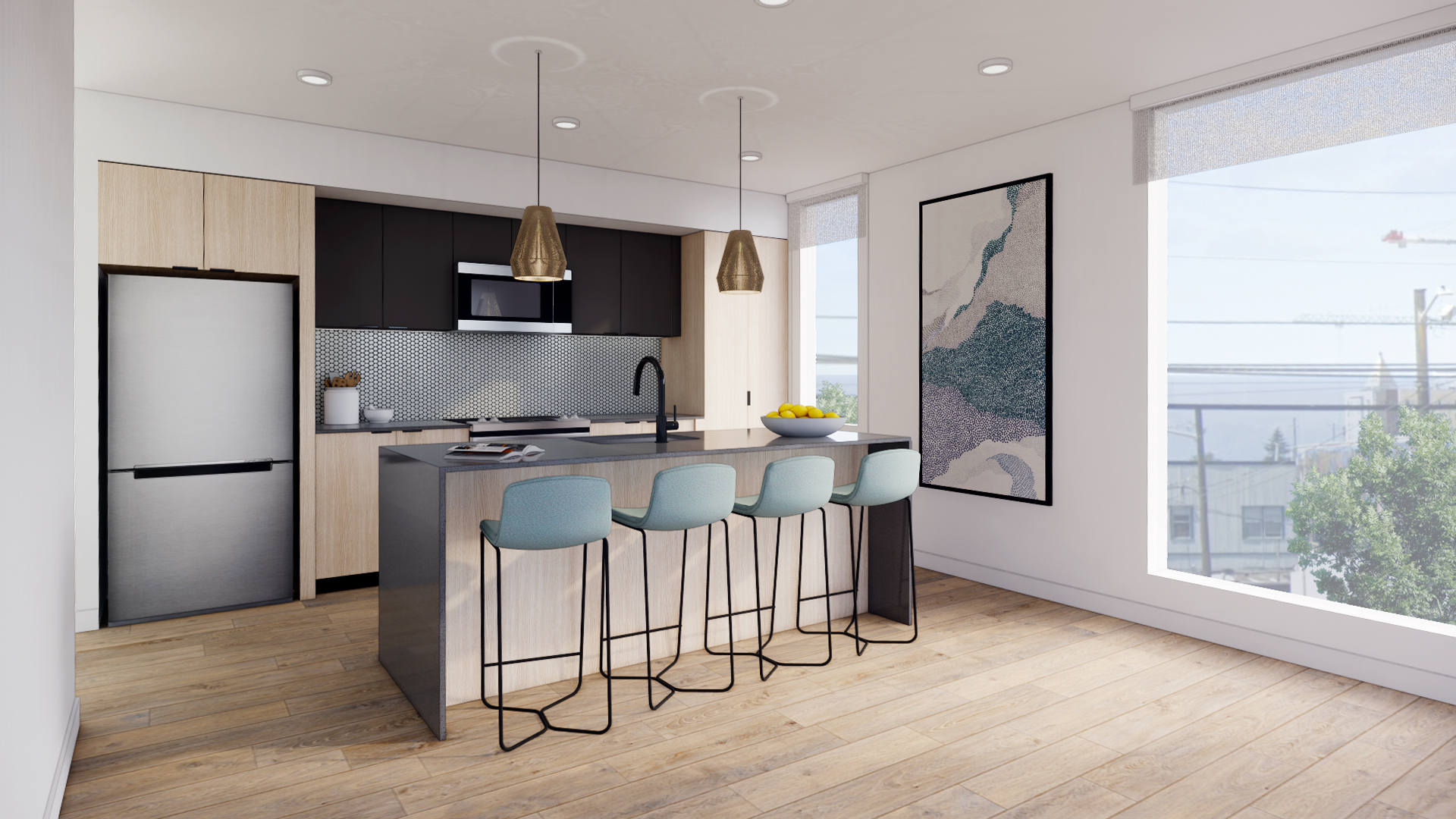 Modern kitchen with island and bar stools, refrigerator, and artwork. Natural light floods the room.