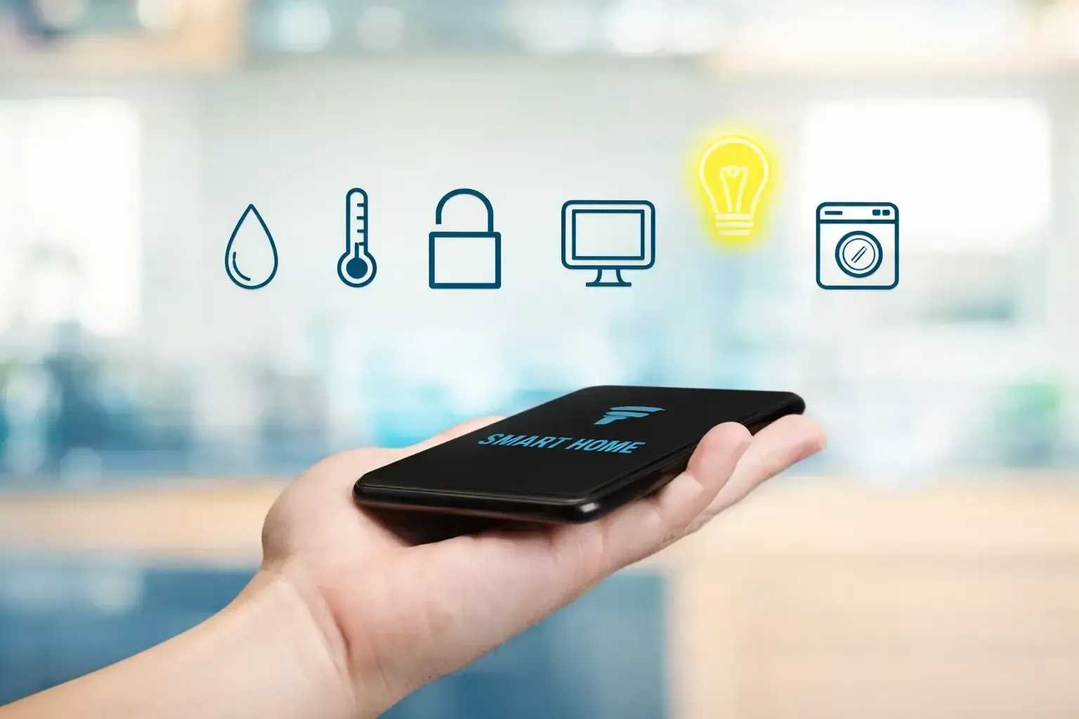Hand holding smartphone with smart home icons above.