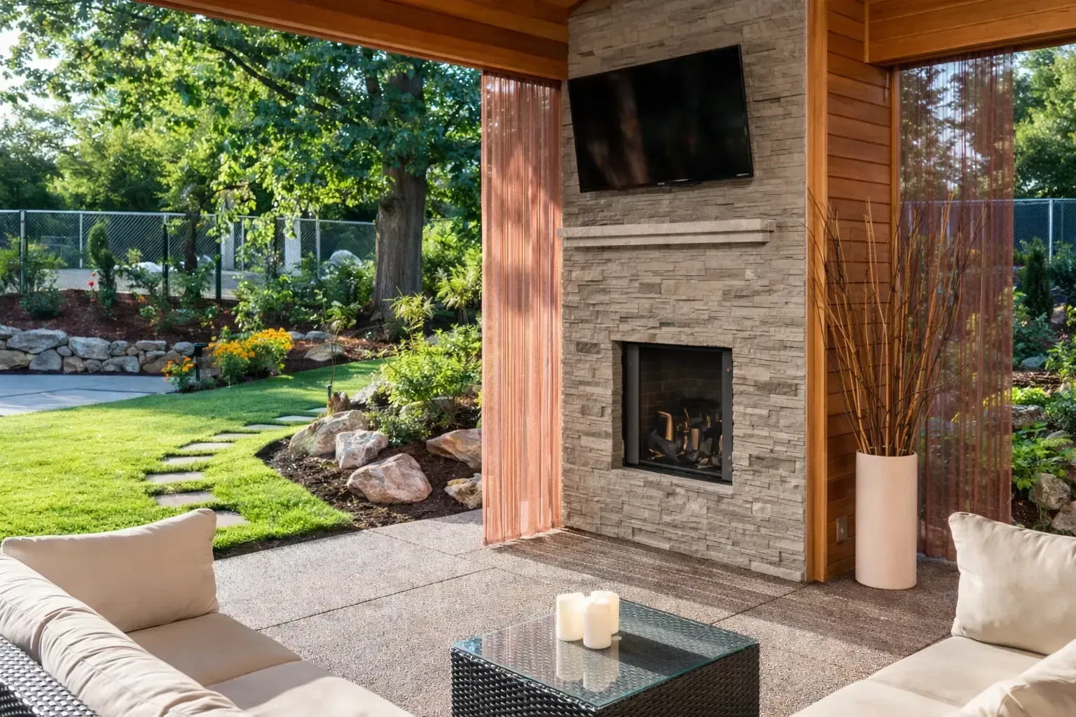 Patio with stone fireplace, TV, seating, and view of a lush green yard.