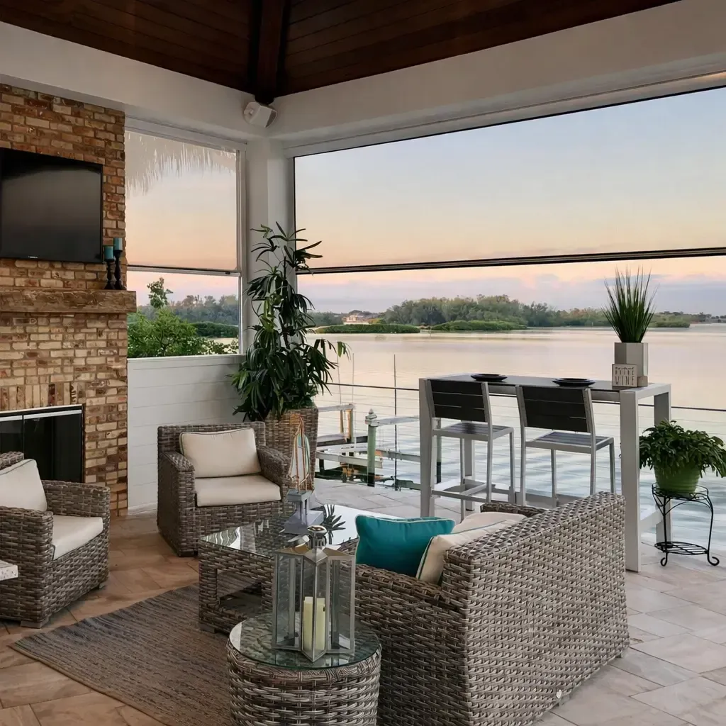 Outdoor patio with wicker furniture, a view of water at dusk, and a TV mounted on a brick wall.