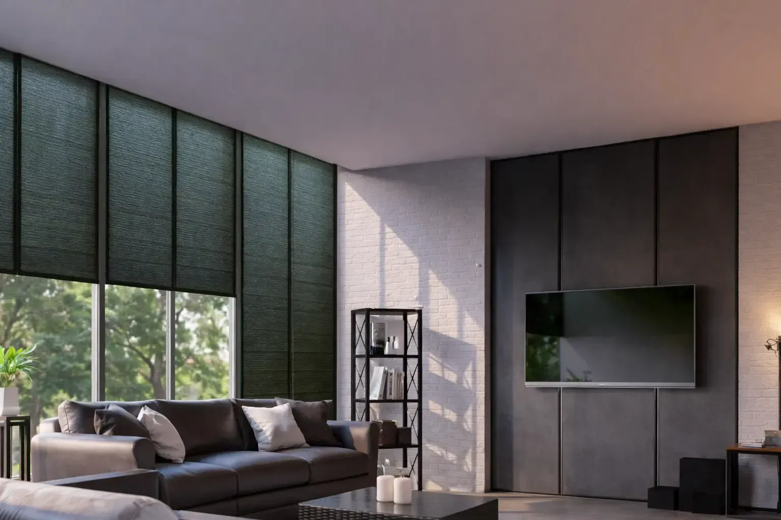 Living room with dark gray walls, large windows with shades, and a mounted TV.