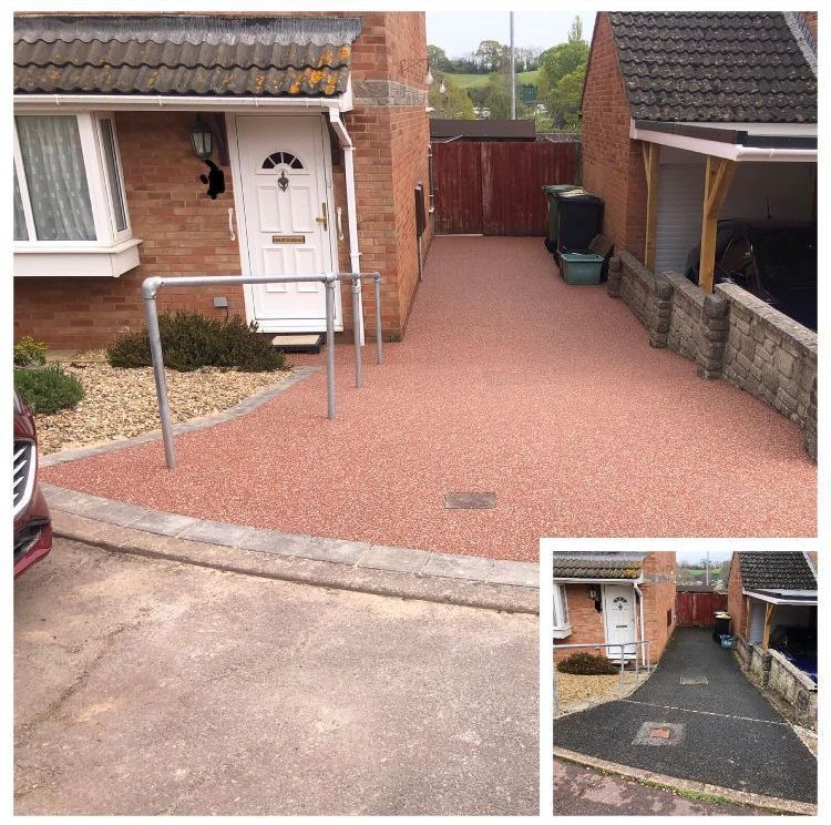 Before and after of downhill red resin driveway