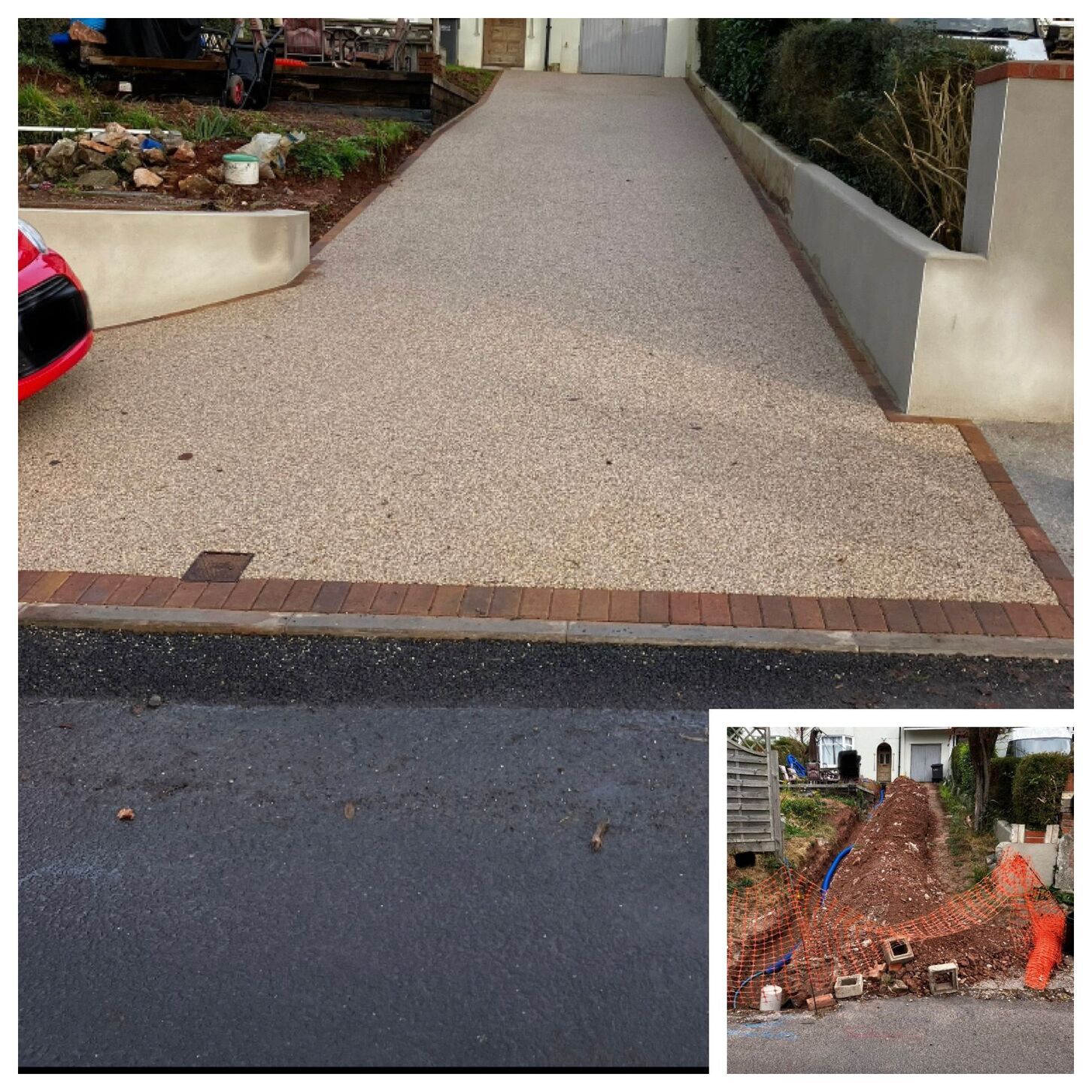 Before and after photos of a sloped resin drive with brown block paving border.