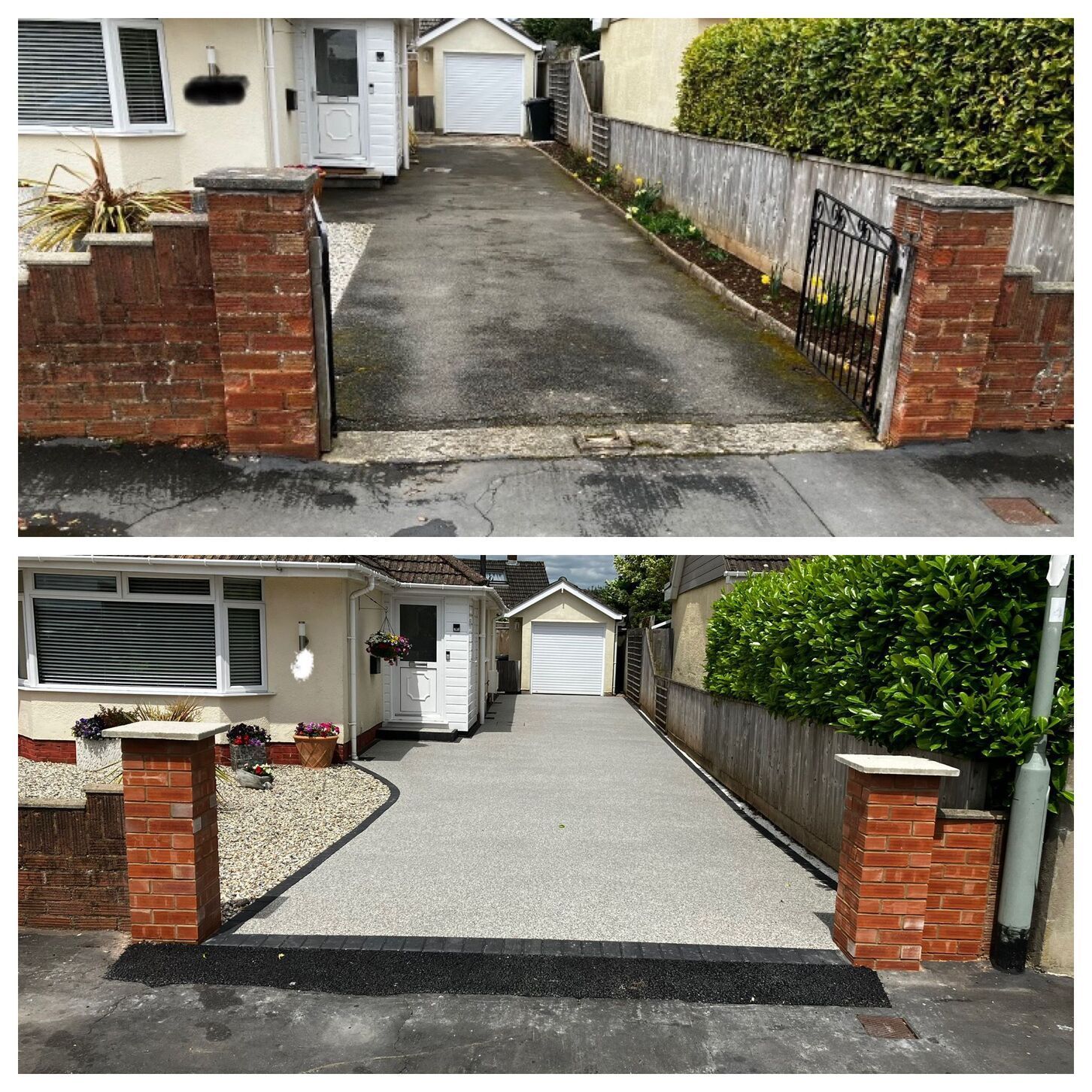 Before and after photo of long resin driveway leading up to a garage