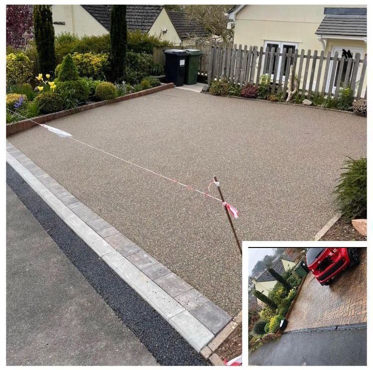 Before and after of small brown resin driveway with block paving border