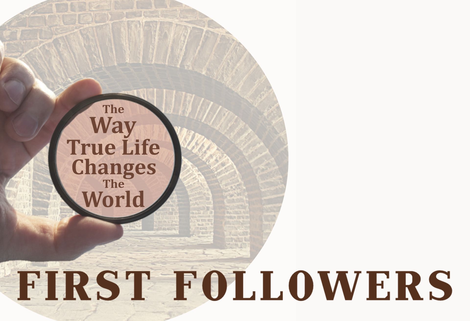 A hand holds a circular object with text: