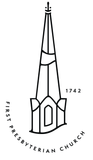 Logo of First Presbyterian Church, featuring a stylized church steeple with the year 