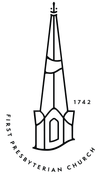 Logo of First Presbyterian Church, featuring a stylized church steeple with the year