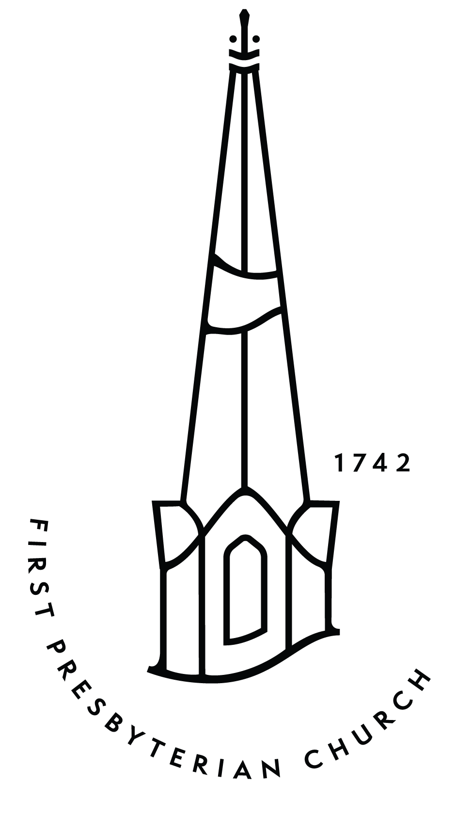 Logo of First Presbyterian Church, featuring a stylized church steeple with the year 