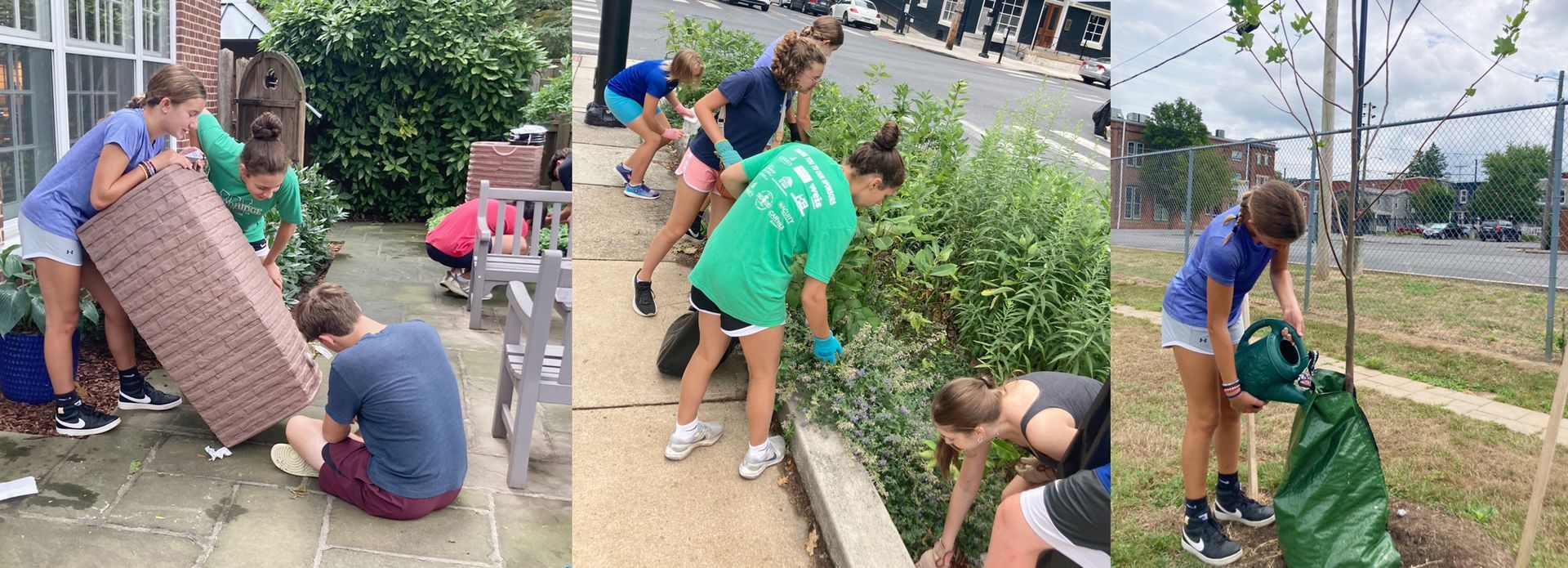 A group of young people engaged in community service. They are removing a large object, gardening, and planting a tree in an outdoor setting.