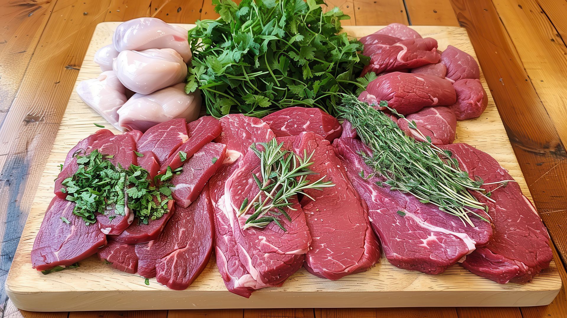 There are many different types of meat on the cutting board.