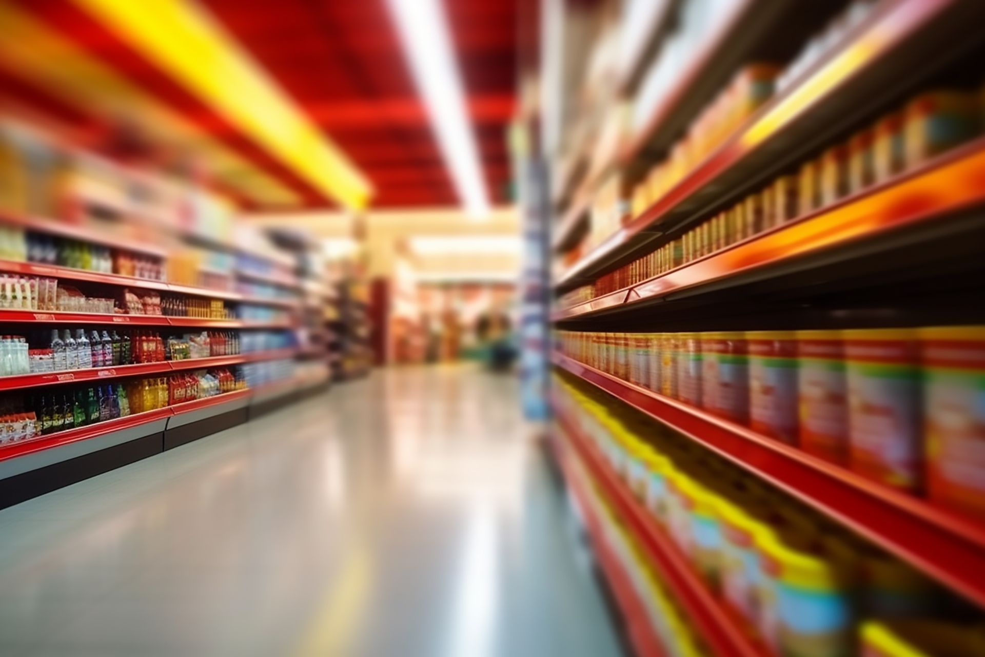 A blurred image of a grocery store aisle filled with lots of products.