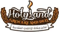 A logo for holyland grocery and deli with arabic writing