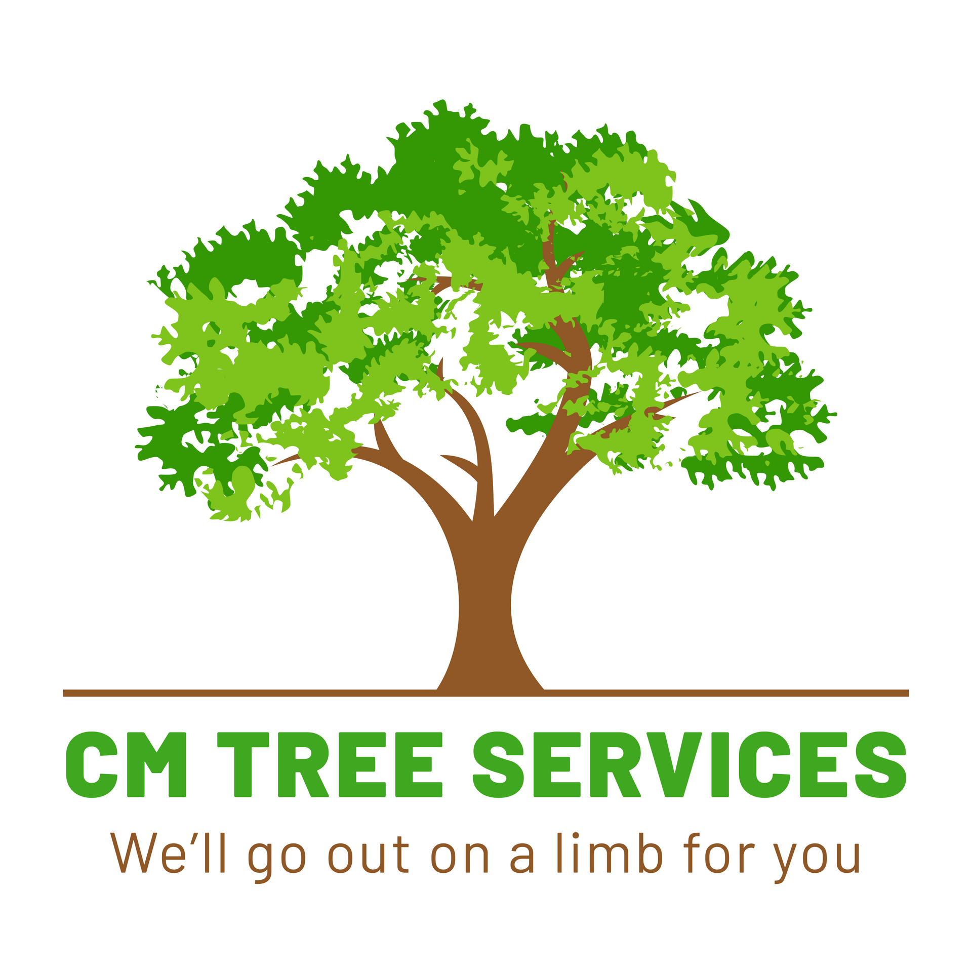 Logo for CM Tree Services: A brown tree with green leaves above green text that reads, "CM TREE SERVICES".