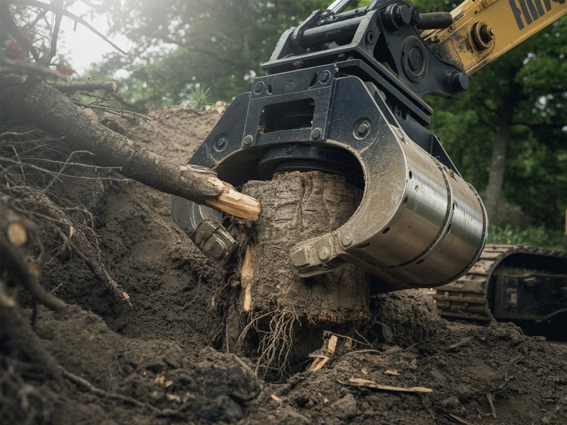 Excavator claw gripping a tree stump, removing it from the soil.