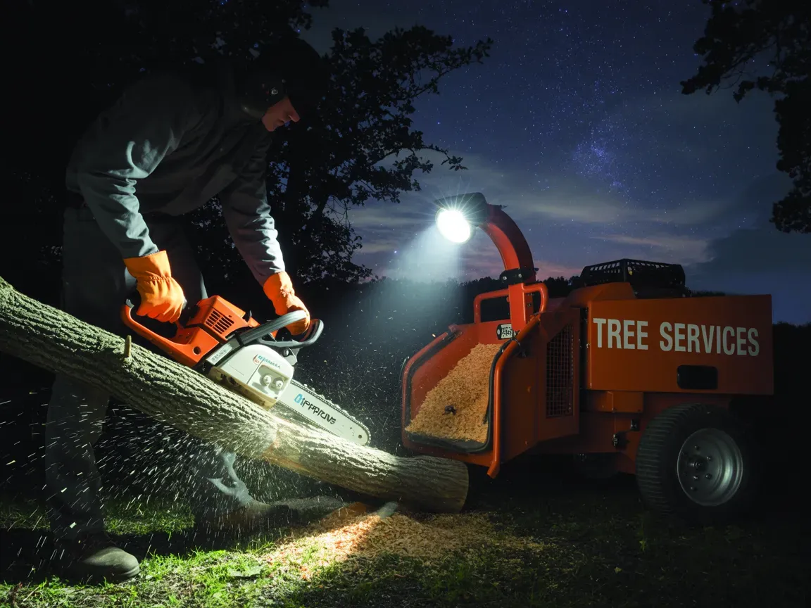 Man cutting a tree with a chainsaw at night; illuminated tree chipper nearby.