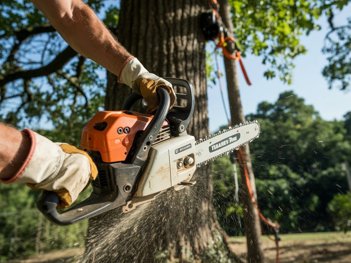 Man using chainsaw to cut a tree trunk. Orange chainsaw, outdoors, daytime, safety gloves.