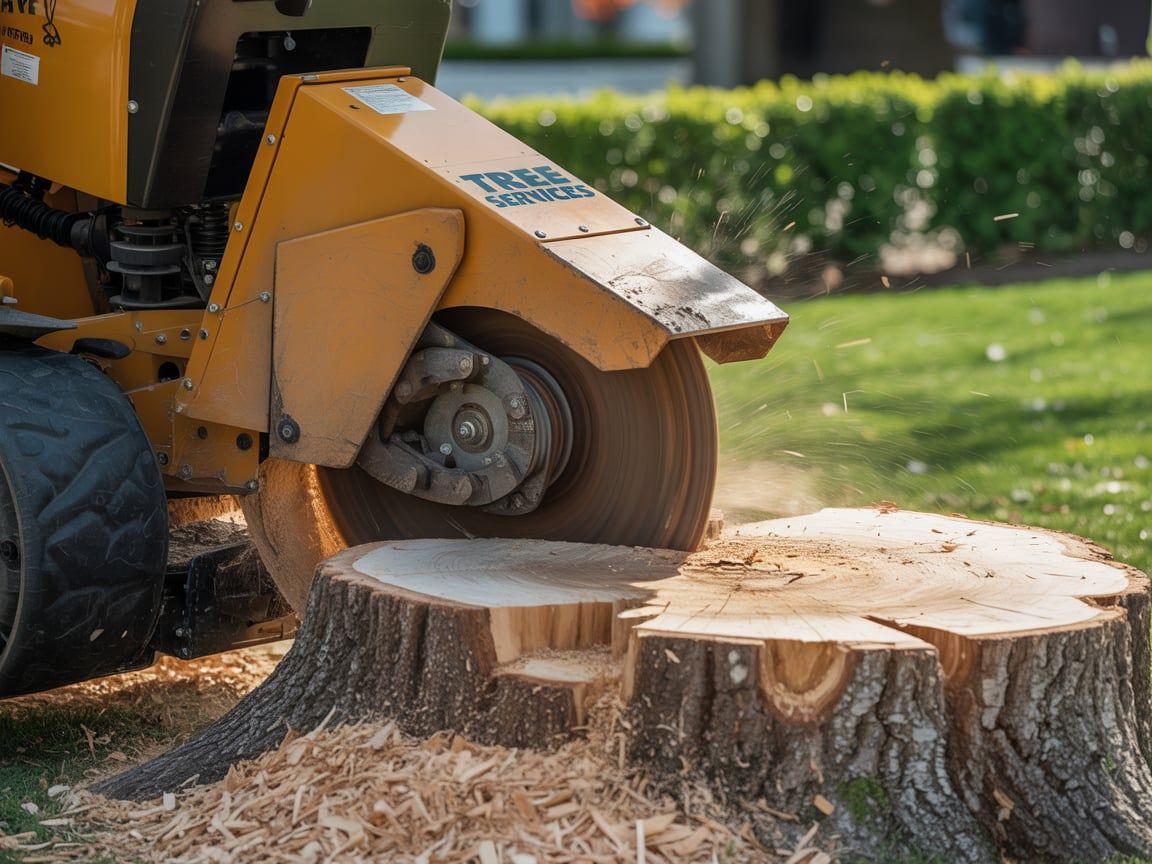 Yellow stump grinder grinding a tree stump into wood chips on a green lawn.