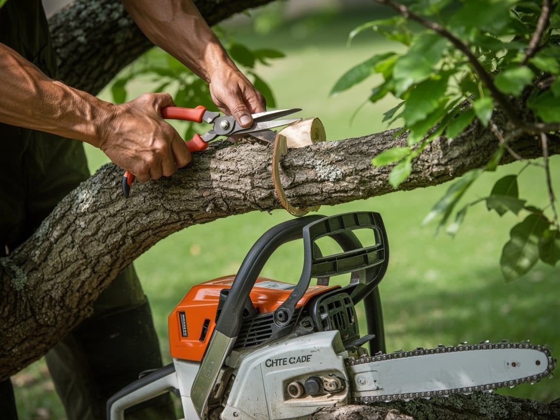 Person pruning a tree branch with pruning shears, chainsaw in foreground.