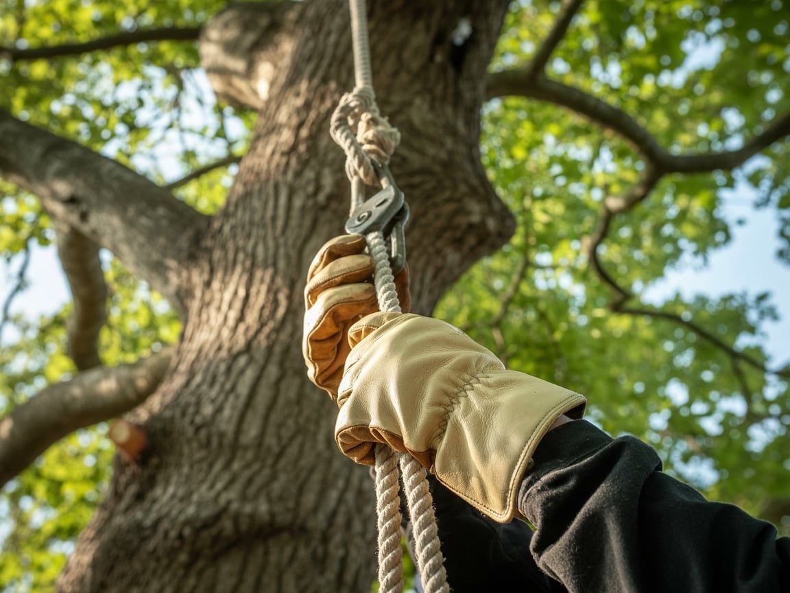 Gloved hand gripping a rope with a metal device, against a blurred tree background.