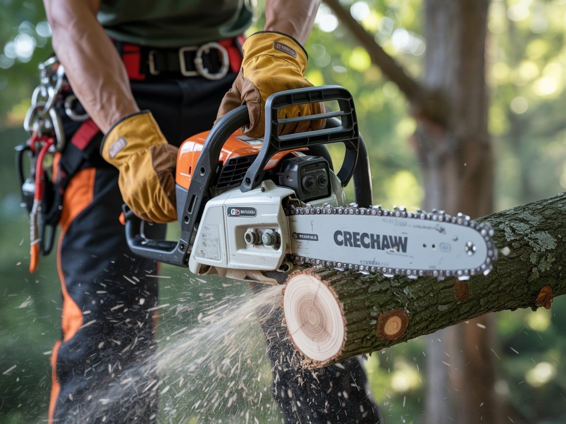 Person in safety gear using a chainsaw to cut a tree branch. Orange and white chainsaw, sawdust flying.