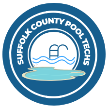 the logo for suffolk county pool techs is a blue circle with a swimming pool in the middle .